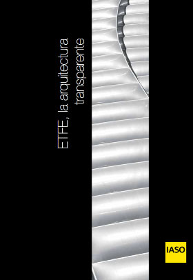 Portada del catálogo en negro con imagen vertical de arquitectura transparente