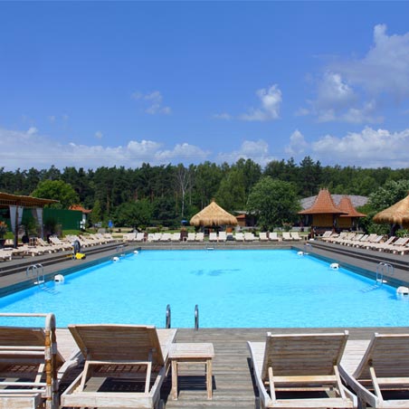 Piscina en Soho Beach con tarima de madera, amacas y vistas al bosque
