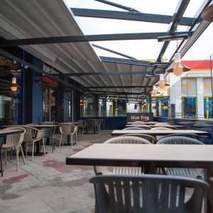 Inside part of the roof of the Argus pergola half open