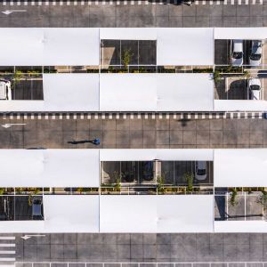 Car park canopies seen from the air.