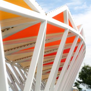 PVC canvas attached to a white aluminium structure. 